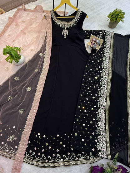 SUPERHIT TRENDING FESTIVE COLLECTION GOWN, KOTI & DUPATTA SET WITH EMBROIDERY WORK & CRYSTAL STONE WORK