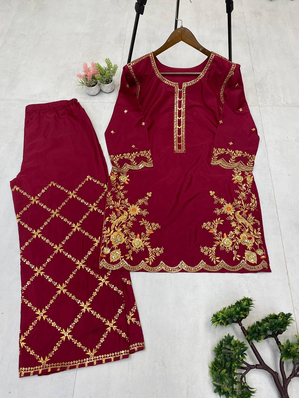 EXCLUSIVE PLAZZO PAIR WITH  SEQUENCE EMBROIDERY WORK  single available wholesale