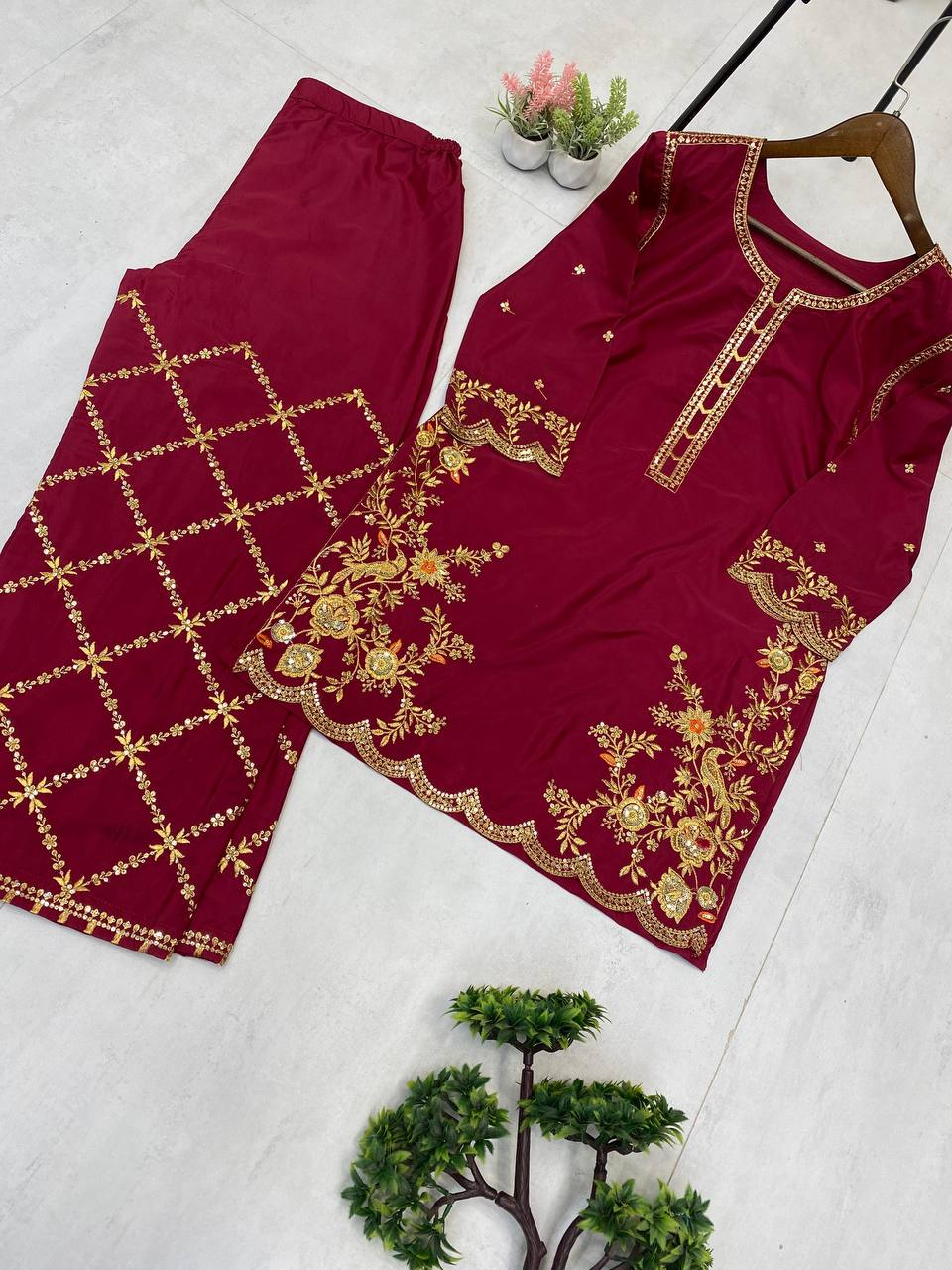 EXCLUSIVE PLAZZO PAIR WITH  SEQUENCE EMBROIDERY WORK  single available wholesale