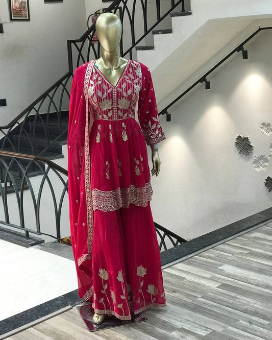 NEW READY TO WEAR SPACIAL FANCY DESIGN HEAVY EMBROIDERY AND SEQUENCE WORK TOP -SHARARA   WITH  DUPATTA