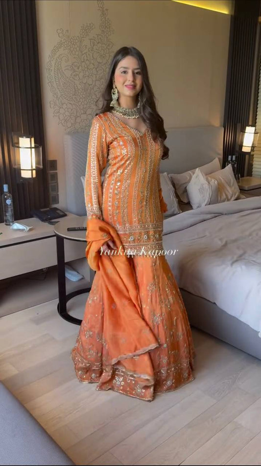 Designer Collection In Pure Heavy Faux Georgette With Heavy Embroidery Sequence Work Top-Bottom And Dupatta Set Fully Stitched Ready To Wear  single available wholesale