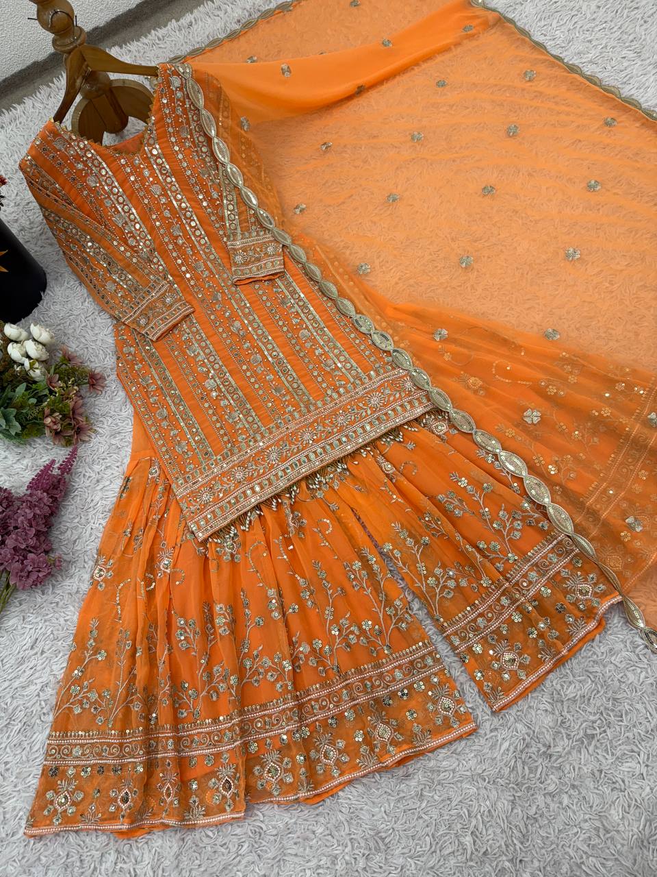 Designer Collection In Pure Heavy Faux Georgette With Heavy Embroidery Sequence Work Top-Bottom And Dupatta Set Fully Stitched Ready To Wear  single available wholesale