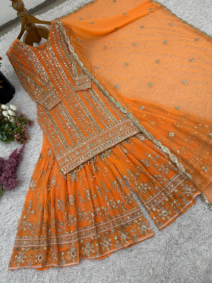 Designer Collection In Pure Heavy Faux Georgette With Heavy Embroidery Sequence Work Top-Bottom And Dupatta Set Fully Stitched Ready To Wear  single available wholesale