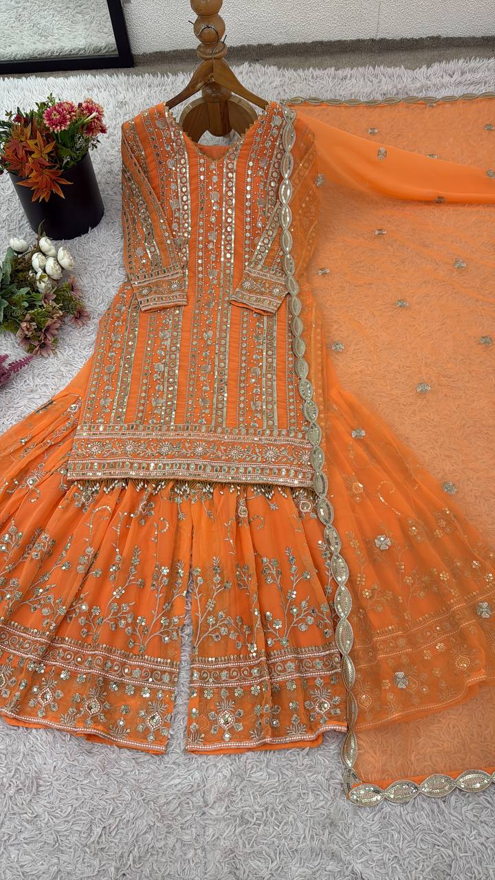 Designer Collection In Pure Heavy Faux Georgette With Heavy Embroidery Sequence Work Top-Bottom And Dupatta Set Fully Stitched Ready To Wear  single available wholesale