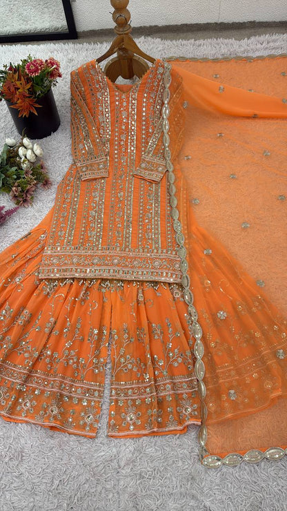 Designer Collection In Pure Heavy Faux Georgette With Heavy Embroidery Sequence Work Top-Bottom And Dupatta Set Fully Stitched Ready To Wear  single available wholesale