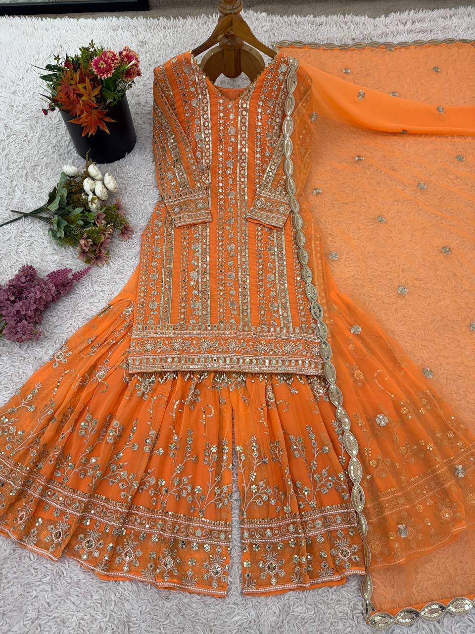 Designer Collection In Pure Heavy Faux Georgette With Heavy Embroidery Sequence Work Top-Bottom And Dupatta Set Fully Stitched Ready To Wear  single available wholesale