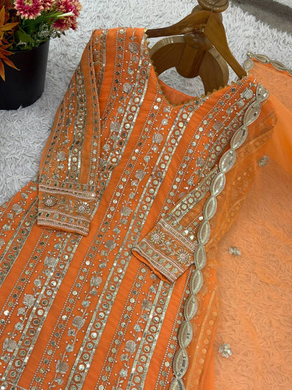 Designer Collection In Pure Heavy Faux Georgette With Heavy Embroidery Sequence Work Top-Bottom And Dupatta Set Fully Stitched Ready To Wear  single available wholesale