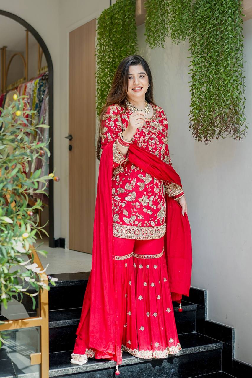 Designer Party Wear Look Top-Plazzo and Dupatta With Heavy Embroidery Work single available wholesale