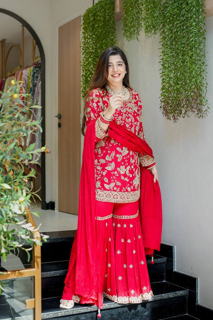 Designer Party Wear Look Top-Plazzo and Dupatta With Heavy Embroidery Work single available wholesale
