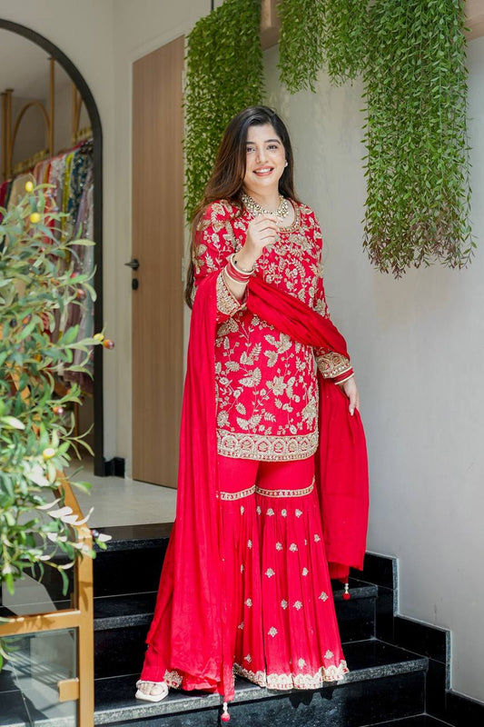 Designer Party Wear Look Top-Plazzo and Dupatta With Heavy Embroidery Work single available wholesale