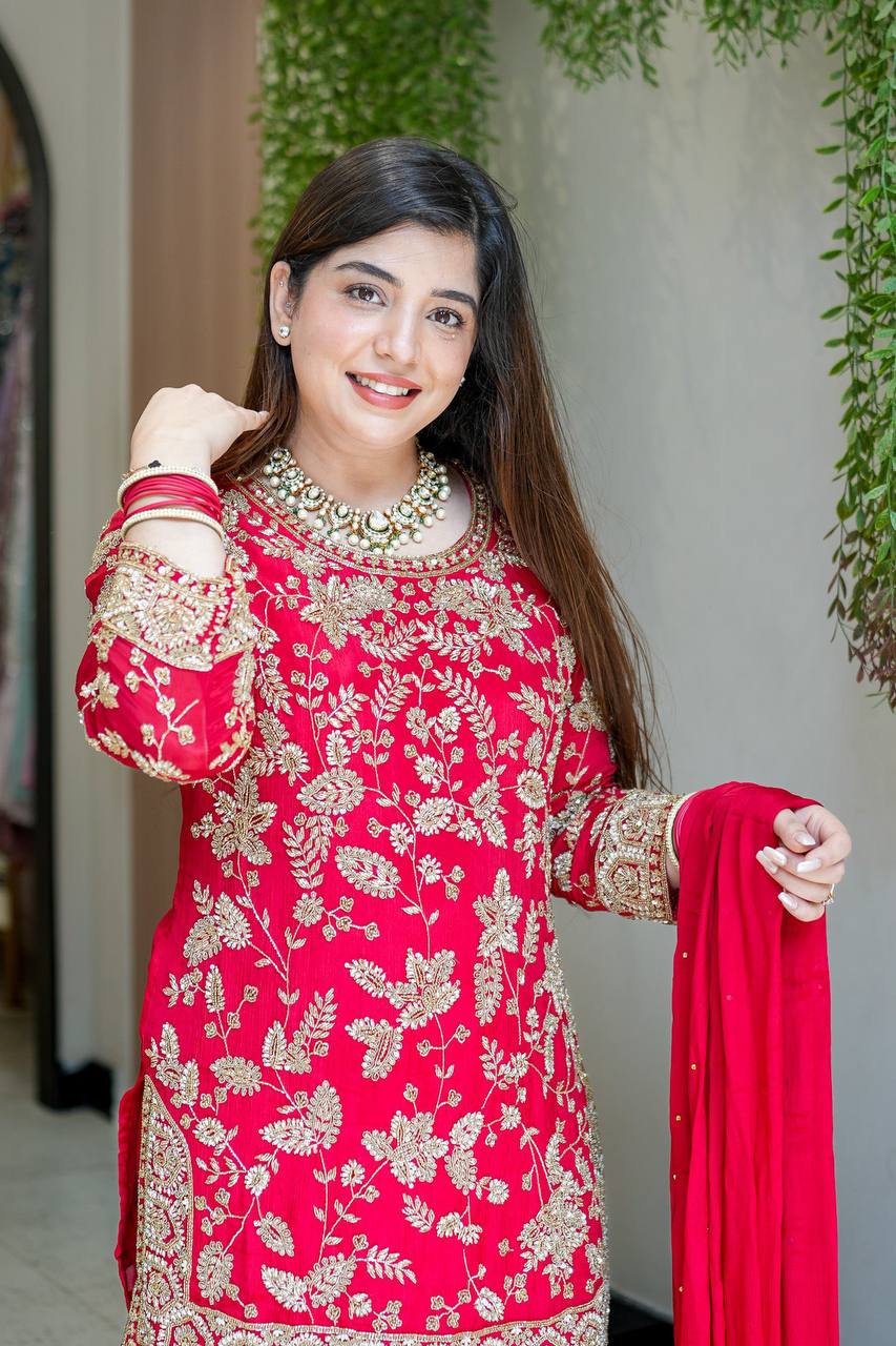 Designer Party Wear Look Top-Plazzo and Dupatta With Heavy Embroidery Work single available wholesale