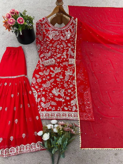 Designer Party Wear Look Top-Plazzo and Dupatta With Heavy Embroidery Work single available wholesale