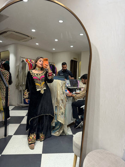 9000 VELVET✨KURTI & PLAZZO* *👗 EMBROIDERED KURTI ON VELVET FABRIC WITH EMBROIDERED PLAZZO