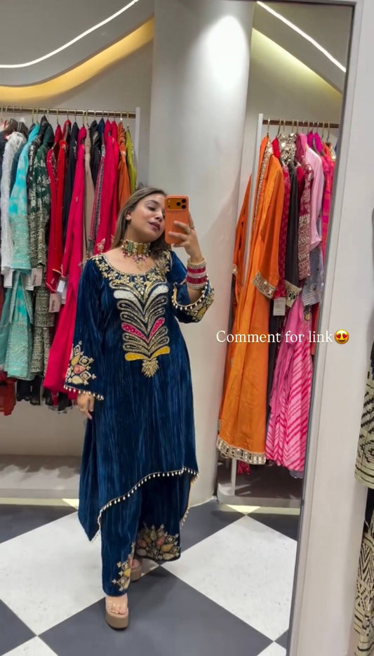 9000 VELVET✨KURTI & PLAZZO* *👗 EMBROIDERED KURTI ON VELVET FABRIC WITH EMBROIDERED PLAZZO