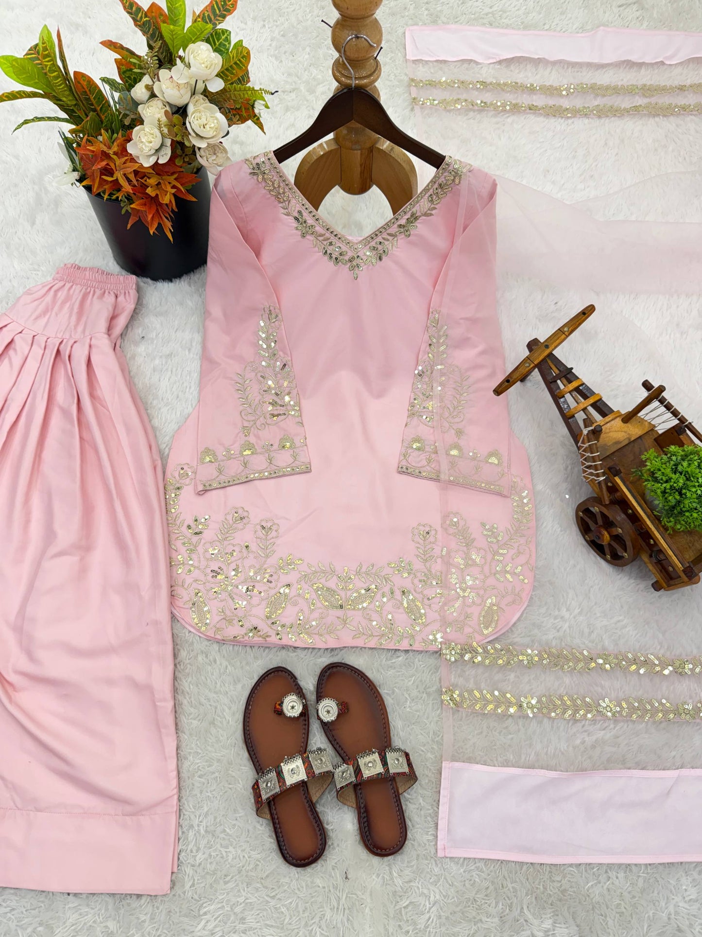 New Designer Collection In Natural Crep Silk Top-Bottom And Dupatta Set Fully Stitched Ready To Wear