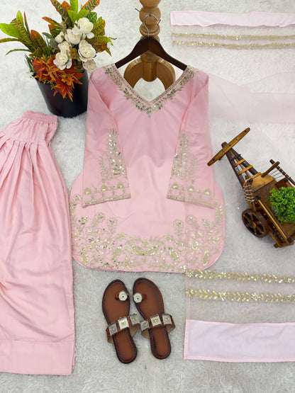 New Designer Collection In Natural Crep Silk Top-Bottom And Dupatta Set Fully Stitched Ready To Wear