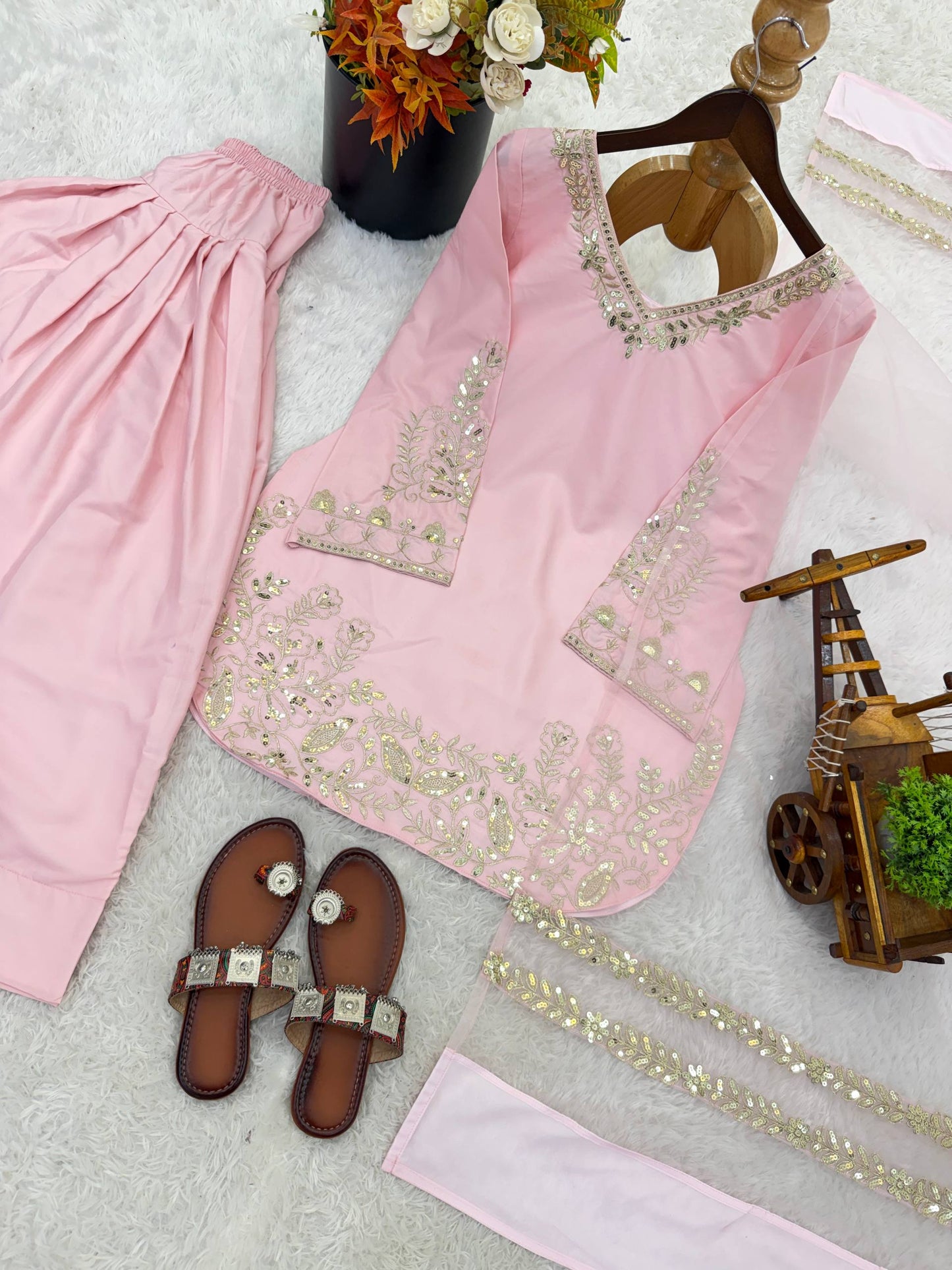 New Designer Collection In Natural Crep Silk Top-Bottom And Dupatta Set Fully Stitched Ready To Wear