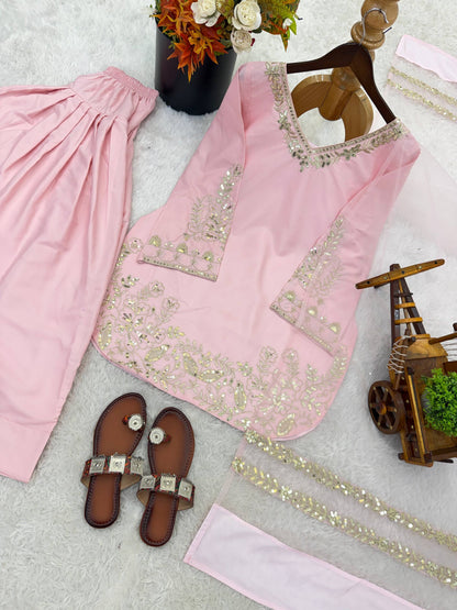 New Designer Collection In Natural Crep Silk Top-Bottom And Dupatta Set Fully Stitched Ready To Wear