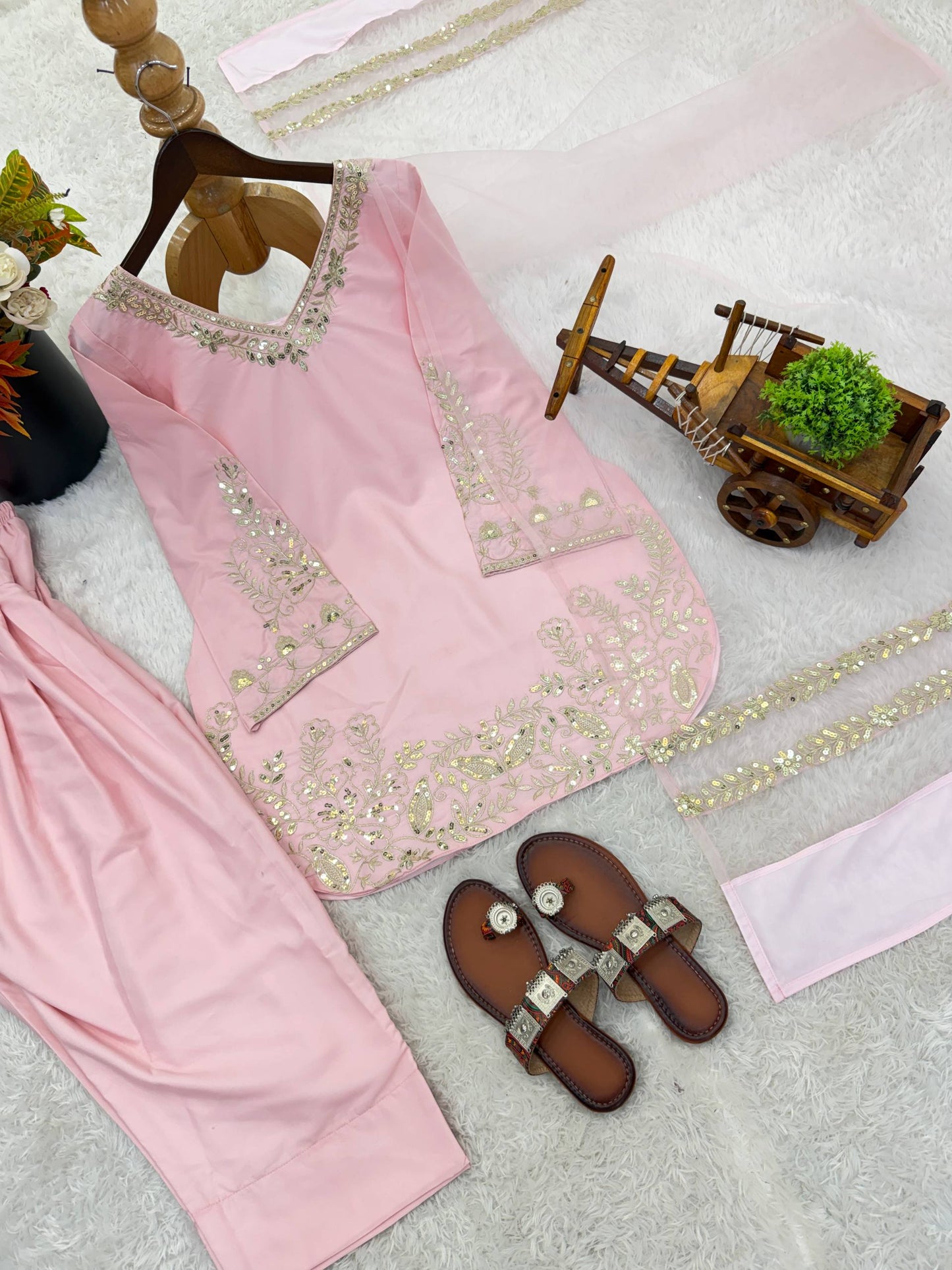 New Designer Collection In Natural Crep Silk Top-Bottom And Dupatta Set Fully Stitched Ready To Wear