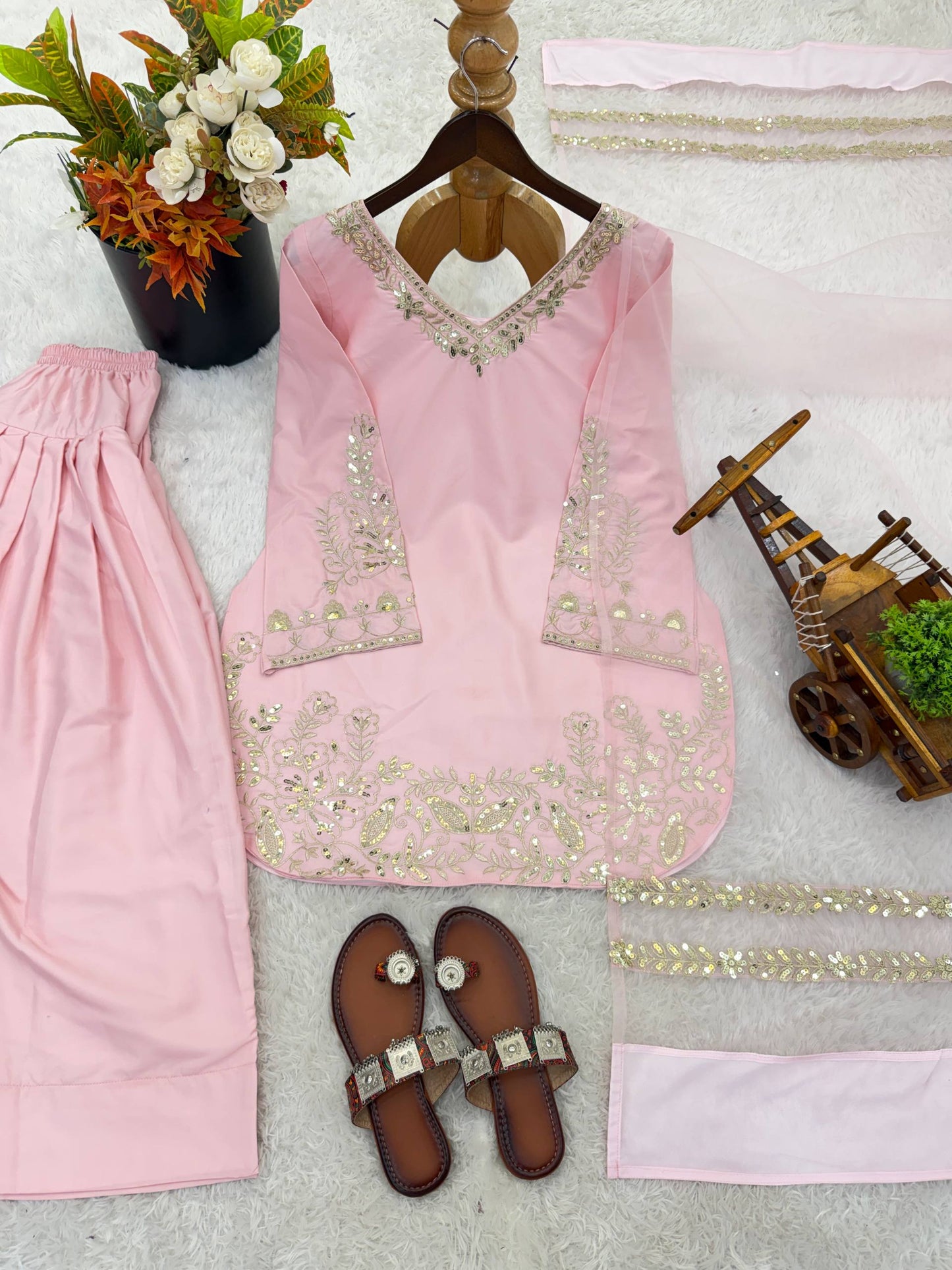 New Designer Collection In Natural Crep Silk Top-Bottom And Dupatta Set Fully Stitched Ready To Wear