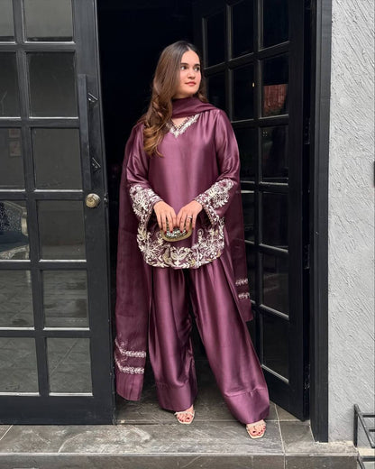 New Designer Collection In Natural Crep Silk Top-Bottom And Dupatta Set Fully Stitched Ready To Wear