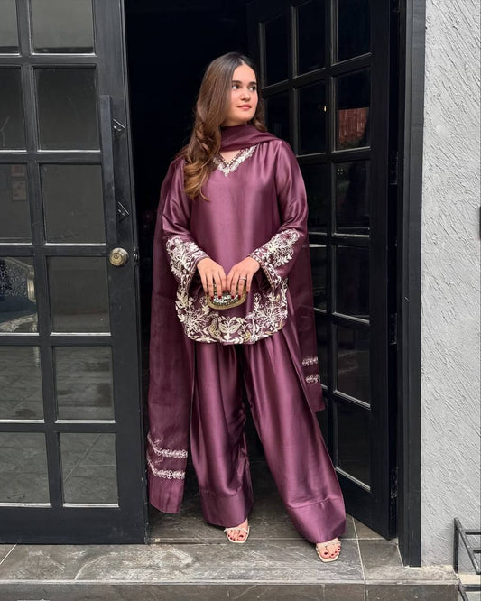 New Designer Collection In Natural Crep Silk Top-Bottom And Dupatta Set Fully Stitched Ready To Wear