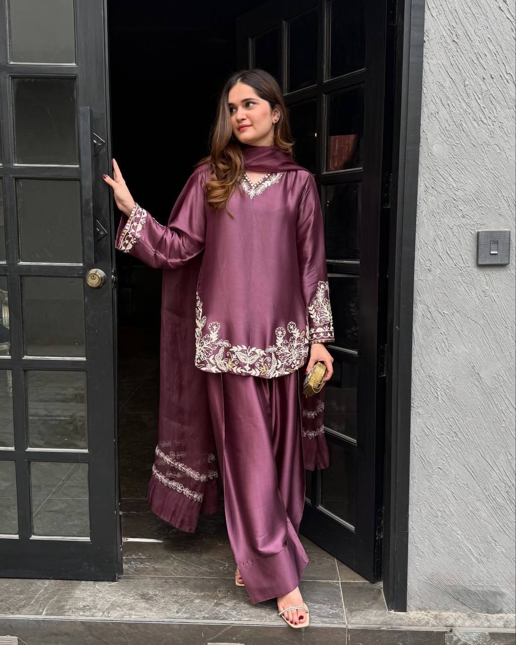 New Designer Collection In Natural Crep Silk Top-Bottom And Dupatta Set Fully Stitched Ready To Wear