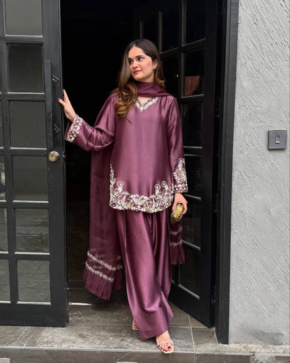 New Designer Collection In Natural Crep Silk Top-Bottom And Dupatta Set Fully Stitched Ready To Wear
