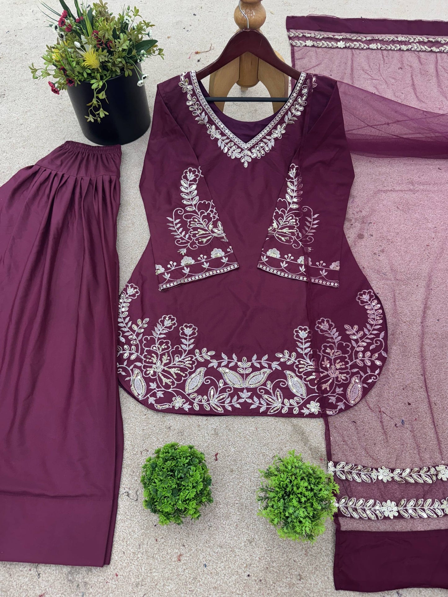 New Designer Collection In Natural Crep Silk Top-Bottom And Dupatta Set Fully Stitched Ready To Wear