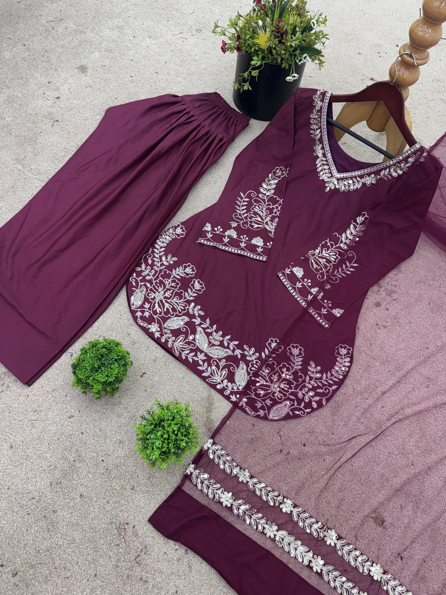 New Designer Collection In Natural Crep Silk Top-Bottom And Dupatta Set Fully Stitched Ready To Wear