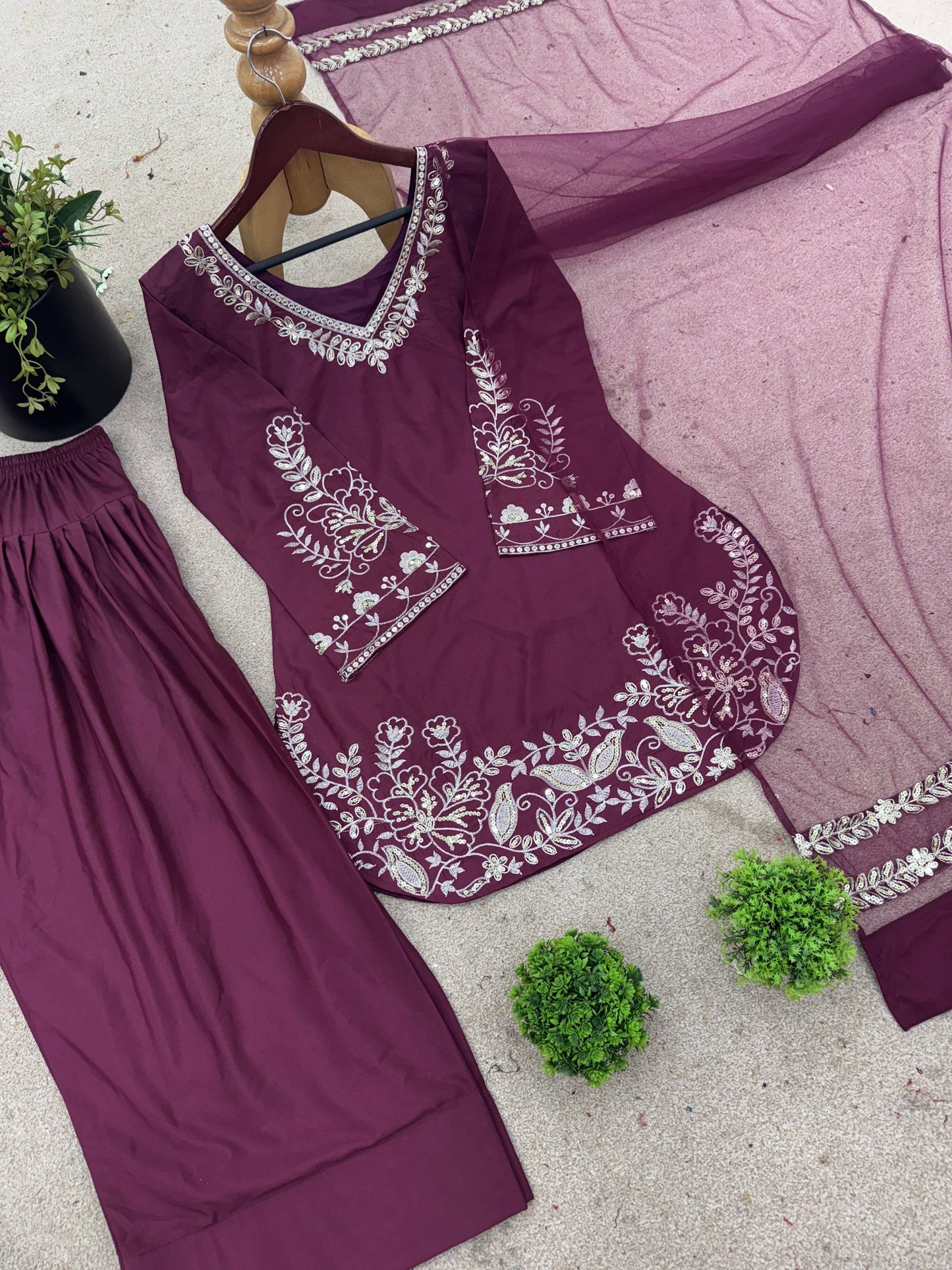 New Designer Collection In Natural Crep Silk Top-Bottom And Dupatta Set Fully Stitched Ready To Wear