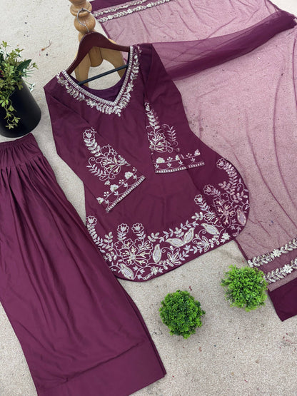 New Designer Collection In Natural Crep Silk Top-Bottom And Dupatta Set Fully Stitched Ready To Wear