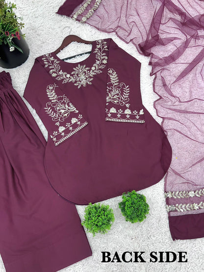 New Designer Collection In Natural Crep Silk Top-Bottom And Dupatta Set Fully Stitched Ready To Wear