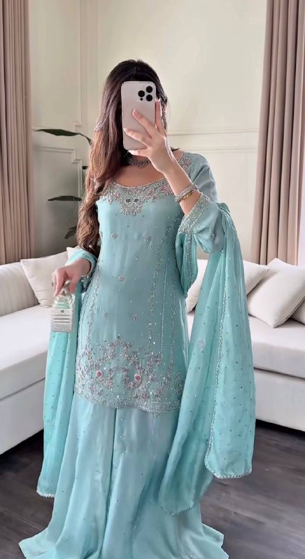 3 PIECE STYLISH KURTI, PLAZAA AND DUPATTA WITH BEAUTIFUL EMBROIDERY SEQUENCE WORK single available wholesale