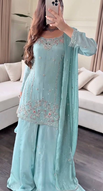 3 PIECE STYLISH KURTI, PLAZAA AND DUPATTA WITH BEAUTIFUL EMBROIDERY SEQUENCE WORK single available wholesale