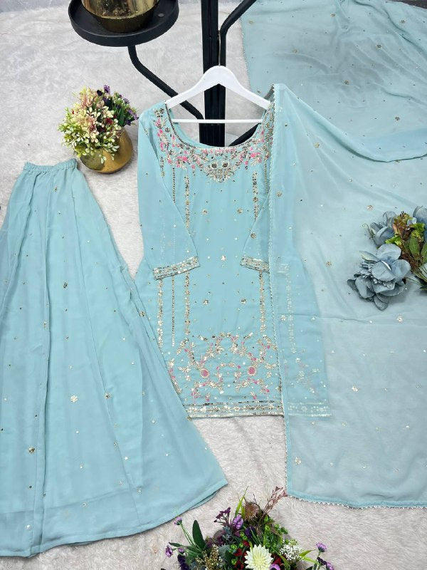 3 PIECE STYLISH KURTI, PLAZAA AND DUPATTA WITH BEAUTIFUL EMBROIDERY SEQUENCE WORK single available wholesale