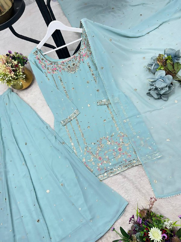 3 PIECE STYLISH KURTI, PLAZAA AND DUPATTA WITH BEAUTIFUL EMBROIDERY SEQUENCE WORK single available wholesale