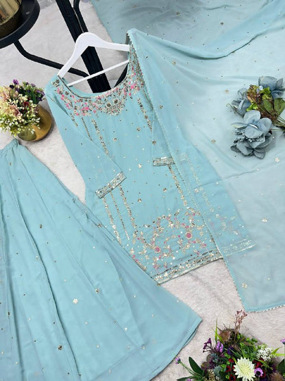 3 PIECE STYLISH KURTI, PLAZAA AND DUPATTA WITH BEAUTIFUL EMBROIDERY SEQUENCE WORK single available wholesale