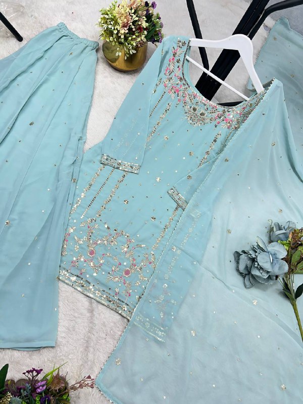 3 PIECE STYLISH KURTI, PLAZAA AND DUPATTA WITH BEAUTIFUL EMBROIDERY SEQUENCE WORK single available wholesale