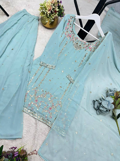 3 PIECE STYLISH KURTI, PLAZAA AND DUPATTA WITH BEAUTIFUL EMBROIDERY SEQUENCE WORK single available wholesale