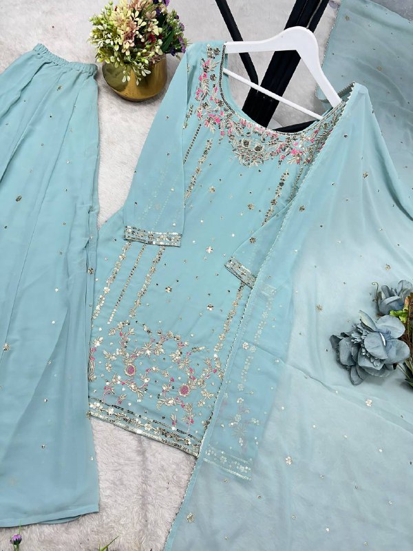3 PIECE STYLISH KURTI, PLAZAA AND DUPATTA WITH BEAUTIFUL EMBROIDERY SEQUENCE WORK single available wholesale