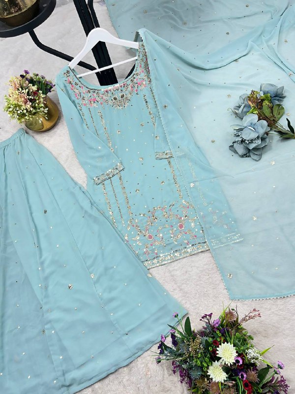 3 PIECE STYLISH KURTI, PLAZAA AND DUPATTA WITH BEAUTIFUL EMBROIDERY SEQUENCE WORK single available wholesale