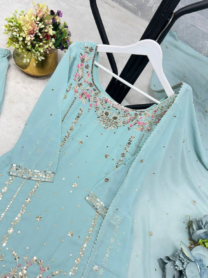 3 PIECE STYLISH KURTI, PLAZAA AND DUPATTA WITH BEAUTIFUL EMBROIDERY SEQUENCE WORK single available wholesale