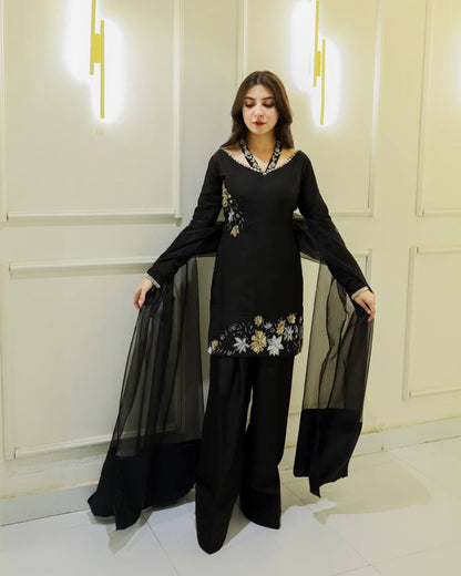 Presenting New Designer Collection In Natural Crep Silk Top-Bottom And Dupatta Set Fully Stitched Ready To Wear