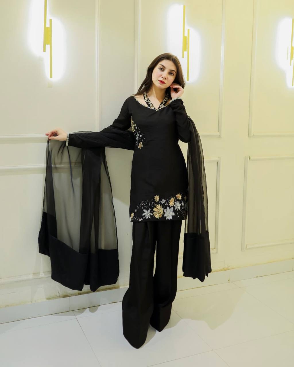 Presenting New Designer Collection In Natural Crep Silk Top-Bottom And Dupatta Set Fully Stitched Ready To Wear