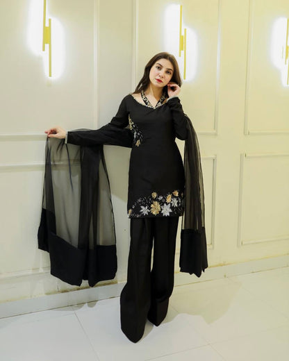 Presenting New Designer Collection In Natural Crep Silk Top-Bottom And Dupatta Set Fully Stitched Ready To Wear