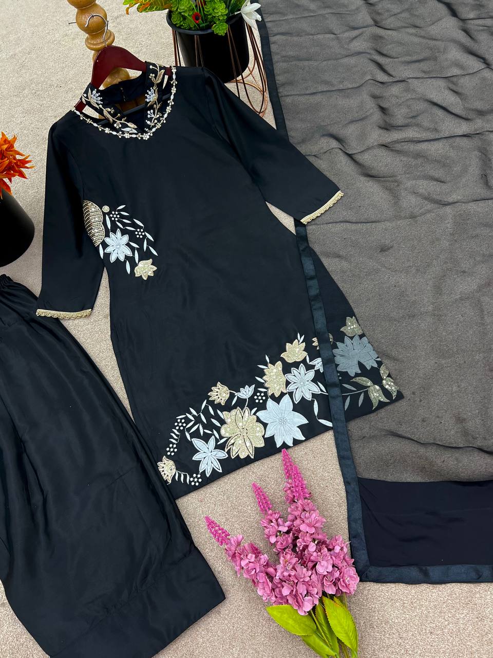 Presenting New Designer Collection In Natural Crep Silk Top-Bottom And Dupatta Set Fully Stitched Ready To Wear
