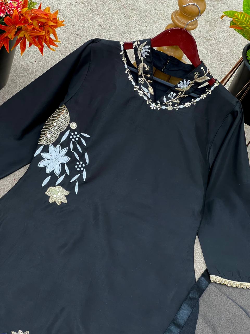 Presenting New Designer Collection In Natural Crep Silk Top-Bottom And Dupatta Set Fully Stitched Ready To Wear