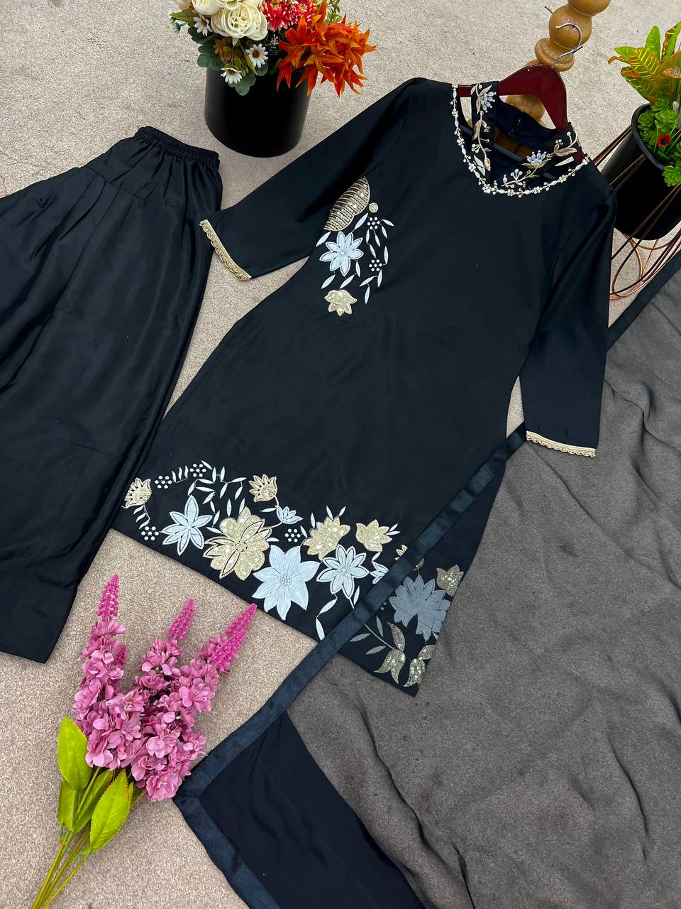 Presenting New Designer Collection In Natural Crep Silk Top-Bottom And Dupatta Set Fully Stitched Ready To Wear