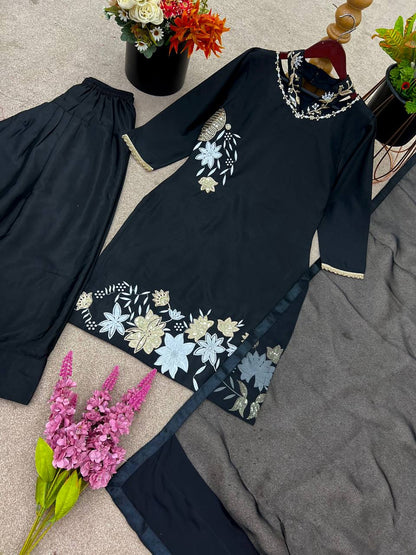 Presenting New Designer Collection In Natural Crep Silk Top-Bottom And Dupatta Set Fully Stitched Ready To Wear